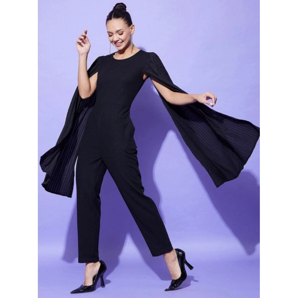 Amfyn Women's Polyeter Solid Cape Sleeve Jumpsuit (Black)