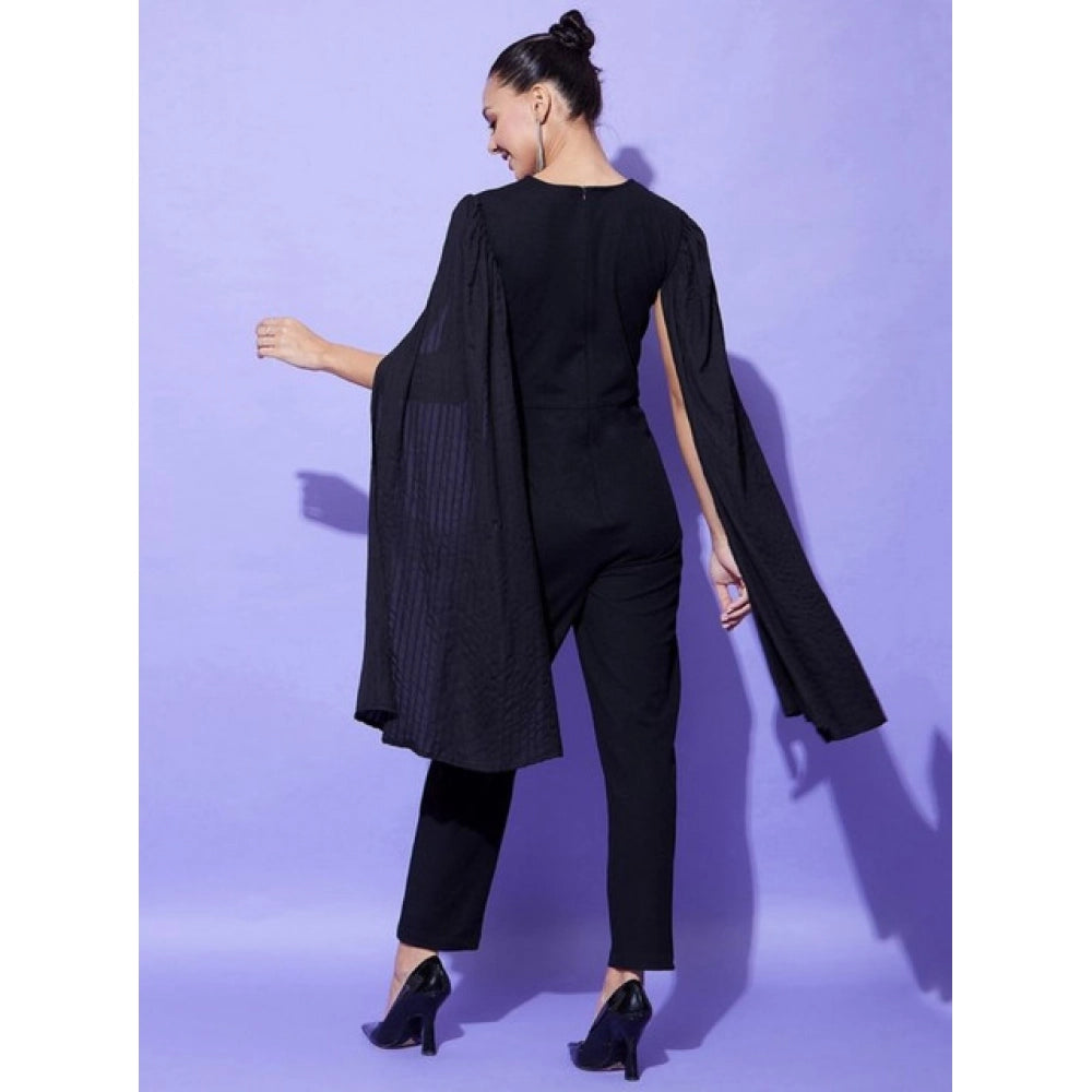 Amfyn Women's Polyeter Solid Cape Sleeve Jumpsuit (Black)