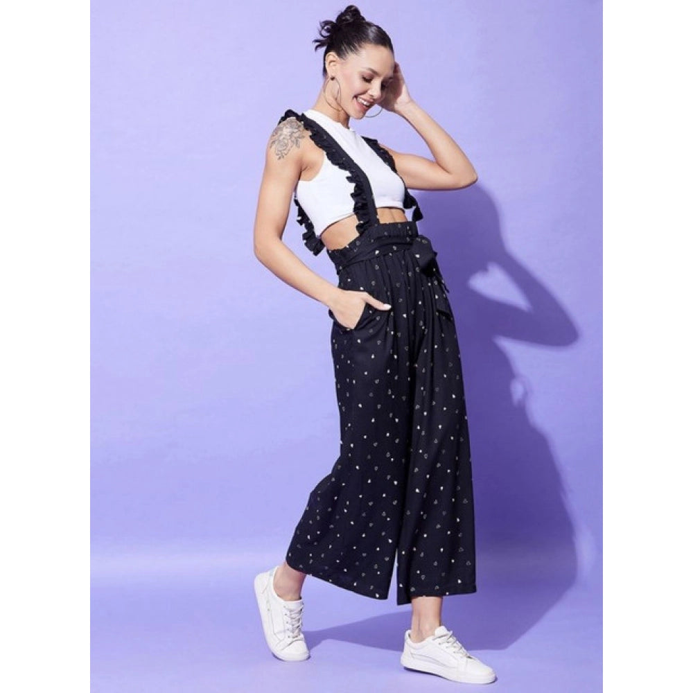 Amfyn Women's Rayon Pinafore Shoulder Straps Jumpsuit (Black)