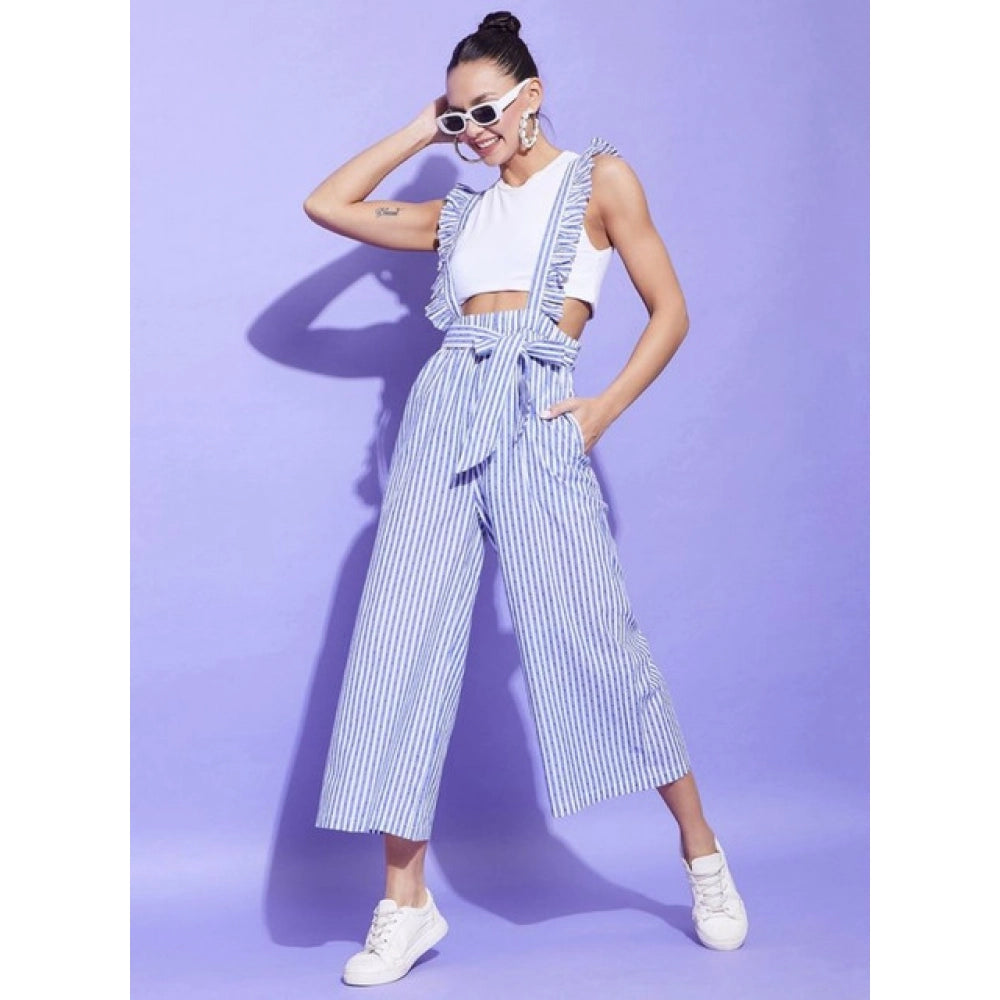 Amfyn Women's Cotton Pinafore Shoulder Straps Jumpsuit (Light Blue)