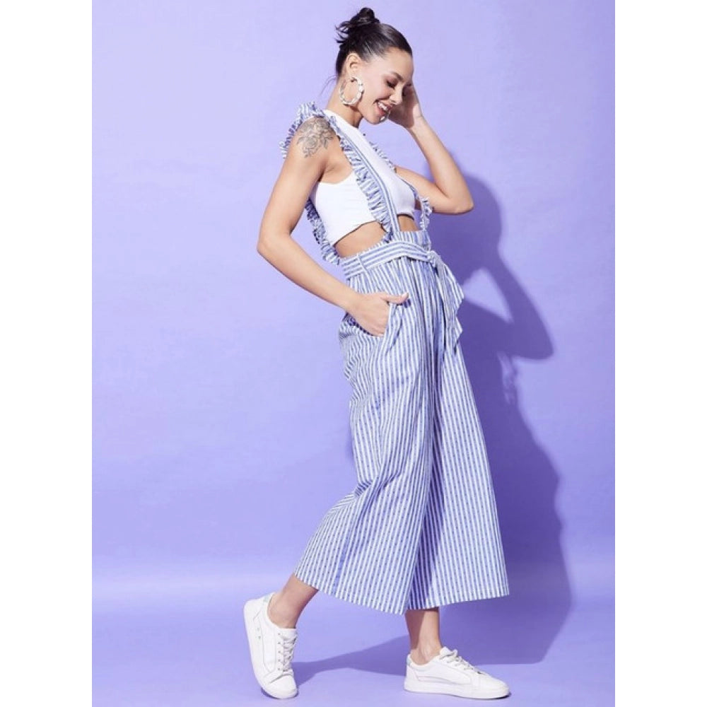 Amfyn Women's Cotton Pinafore Shoulder Straps Jumpsuit (Light Blue)