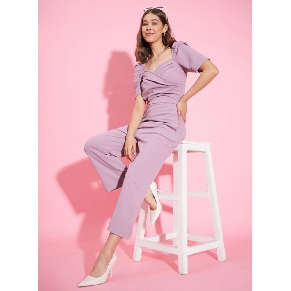 Amfyn Women's Polyester Lycra Solid Puff Sleeve Jumpsuit (Lavender)