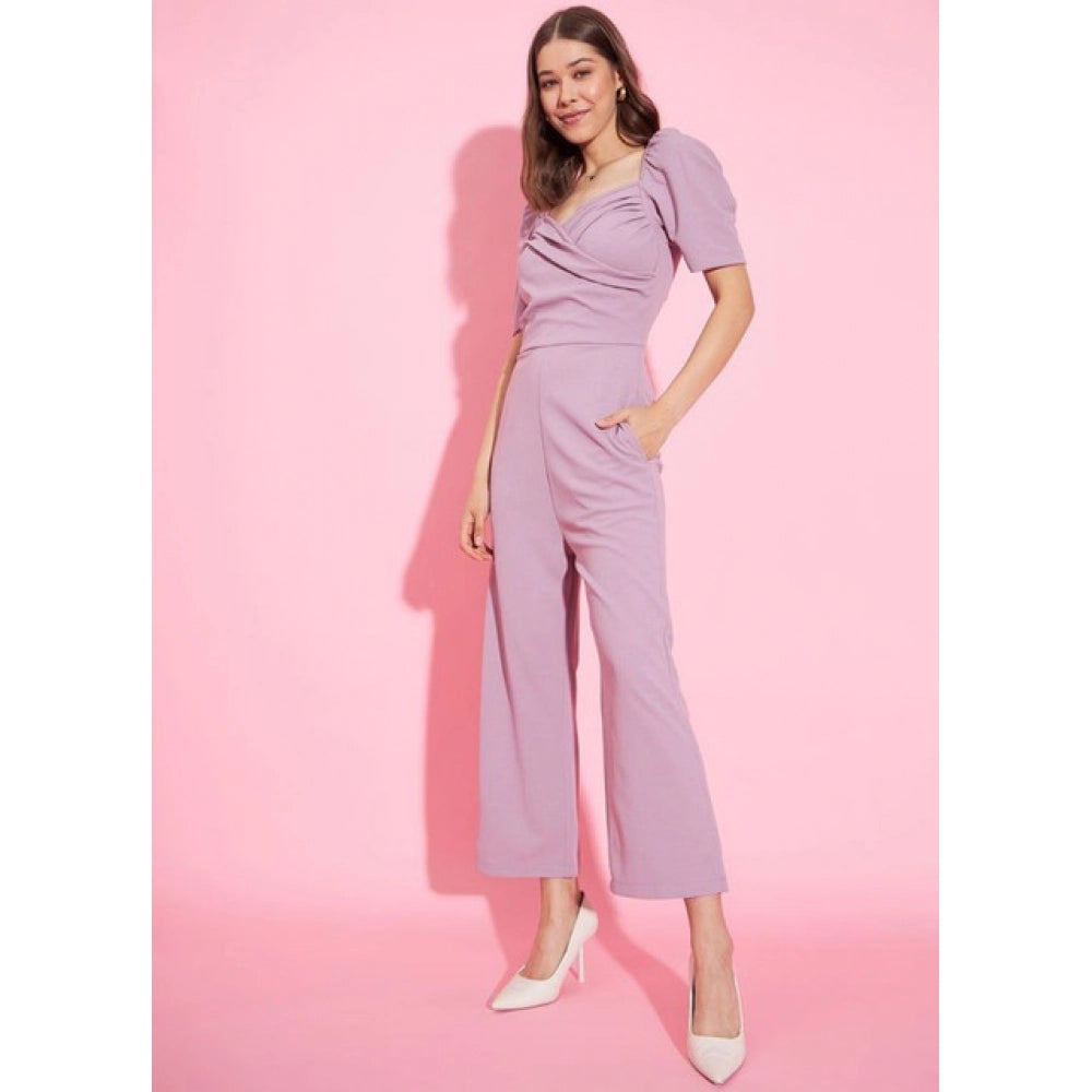 Amfyn Women's Polyester Lycra Solid Puff Sleeve Jumpsuit (Lavender)