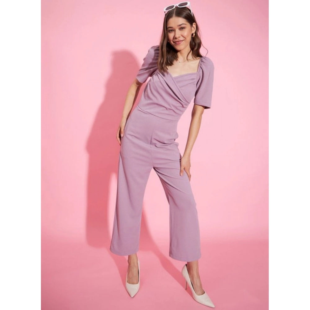 Amfyn Women's Polyester Lycra Solid Puff Sleeve Jumpsuit (Lavender)