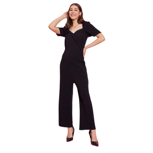 Amfyn Women's Polyester Lycra Solid Puff Sleeve Jumpsuit (Black)