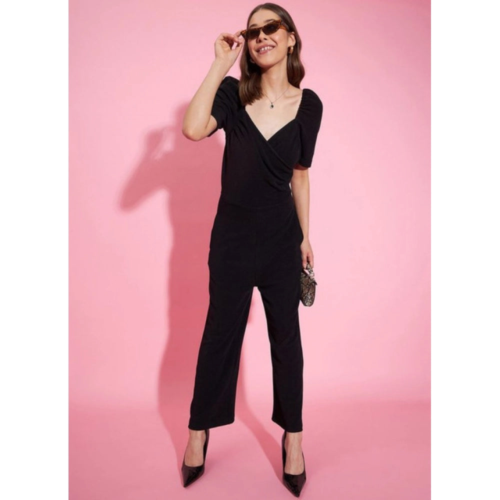 Amfyn Women's Polyester Lycra Solid Puff Sleeve Jumpsuit (Black)