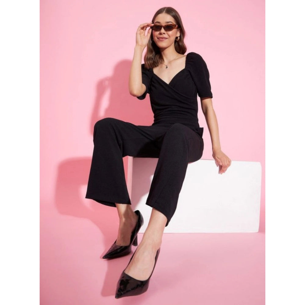Amfyn Women's Polyester Lycra Solid Puff Sleeve Jumpsuit (Black)