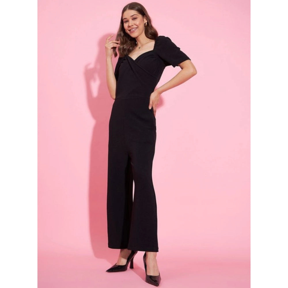 Amfyn Women's Polyester Lycra Solid Puff Sleeve Jumpsuit (Black)
