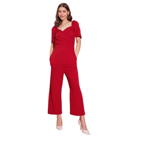 Amfyn Women's Polyester Lycra Solid Puff Sleeve Jumpsuit (Red)