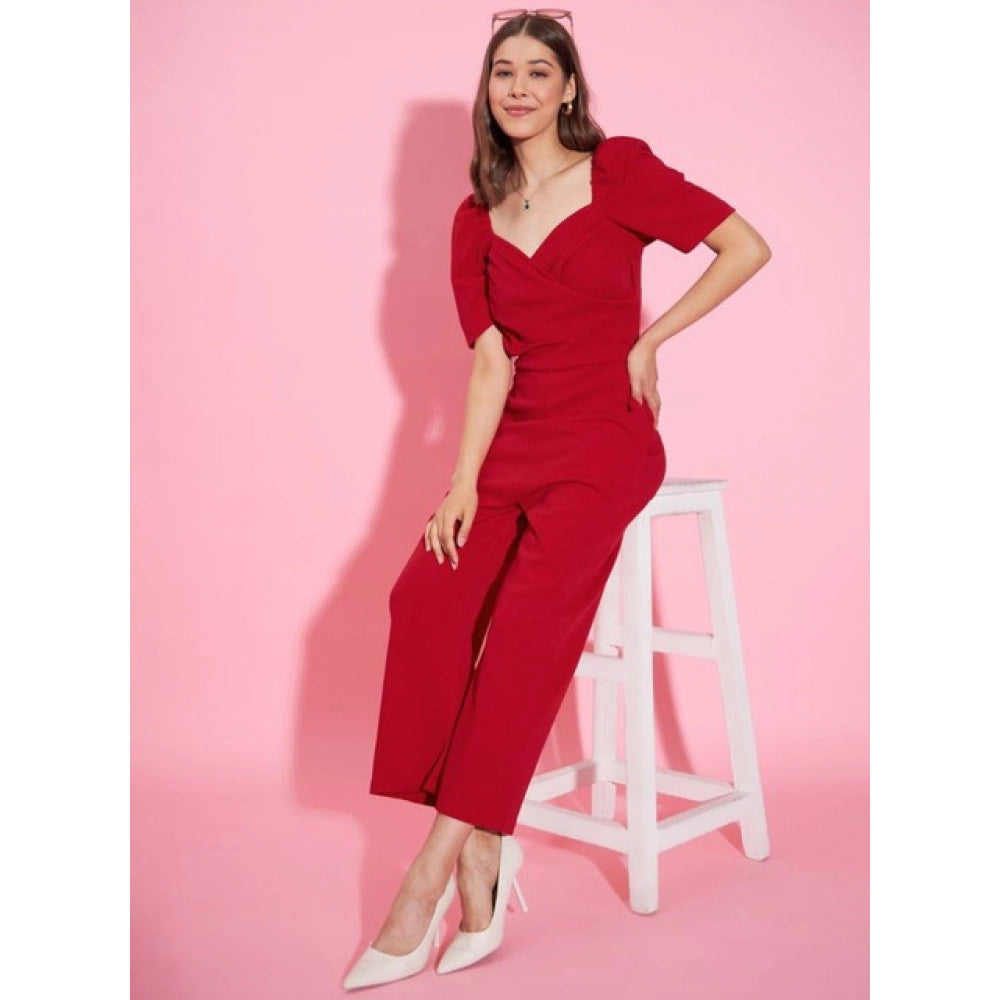 Amfyn Women's Polyester Lycra Solid Puff Sleeve Jumpsuit (Red)