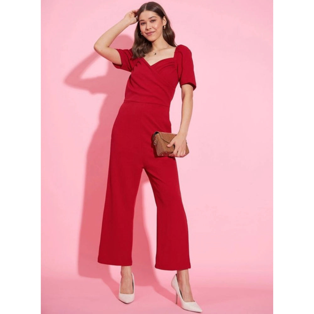 Amfyn Women's Polyester Lycra Solid Puff Sleeve Jumpsuit (Red)