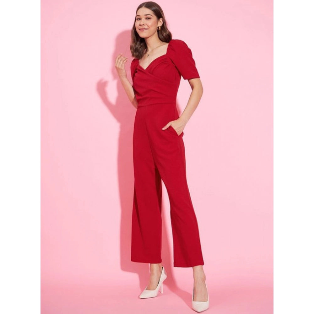 Amfyn Women's Polyester Lycra Solid Puff Sleeve Jumpsuit (Red)