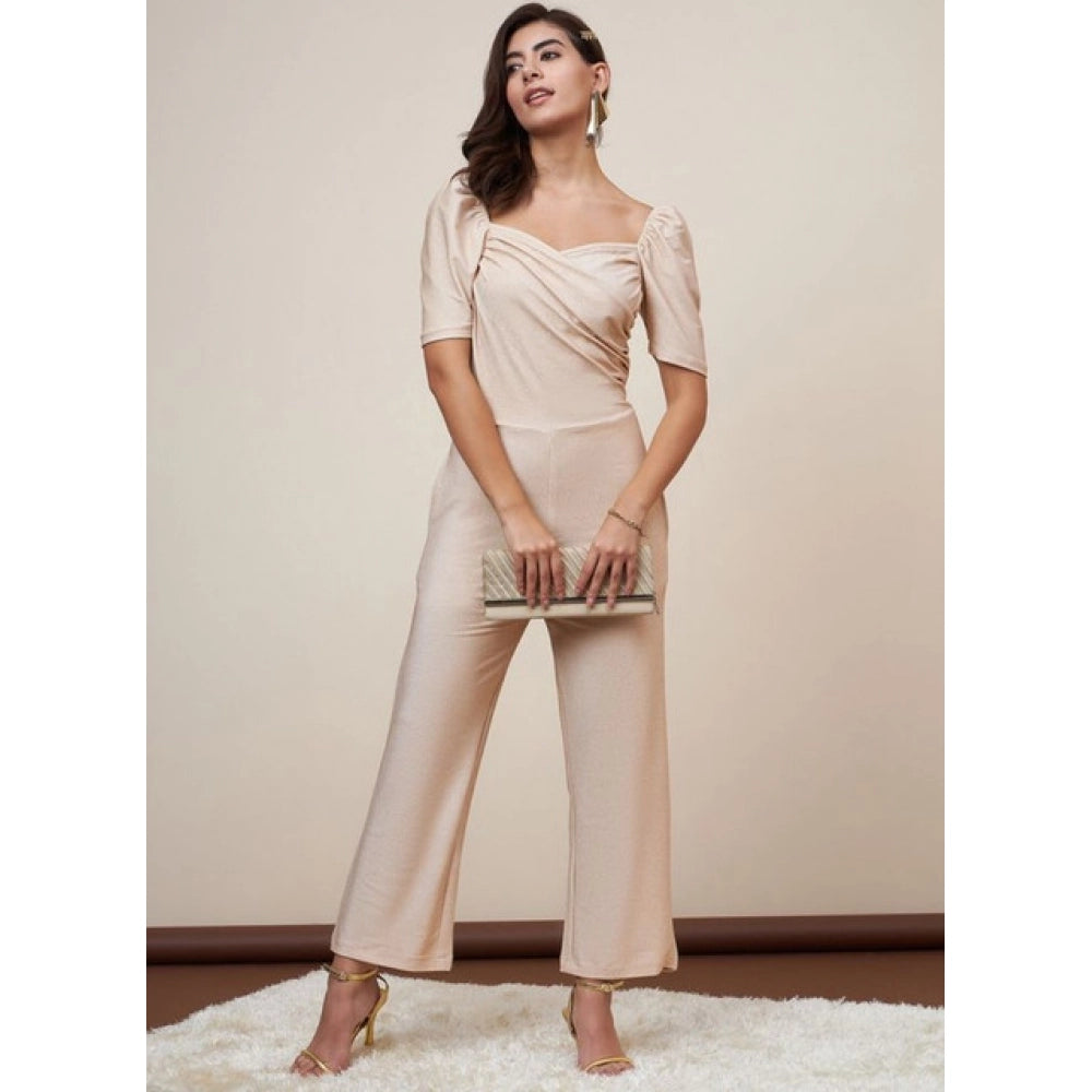 Amfyn Women's Polyester Shimmer Self Design Short Sleeve Jumpsuit (Gold)