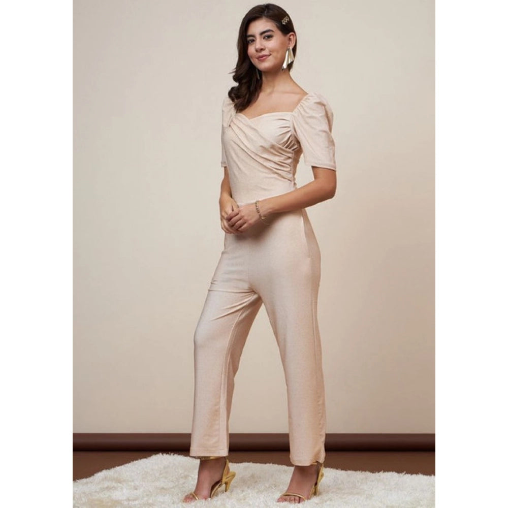 Amfyn Women's Polyester Shimmer Self Design Short Sleeve Jumpsuit (Gold)