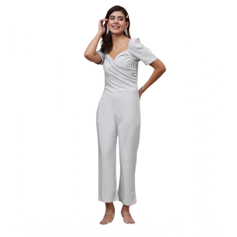 Amfyn Women's Polyester Shimmer Self Design Short Sleeve Jumpsuit (Silver)