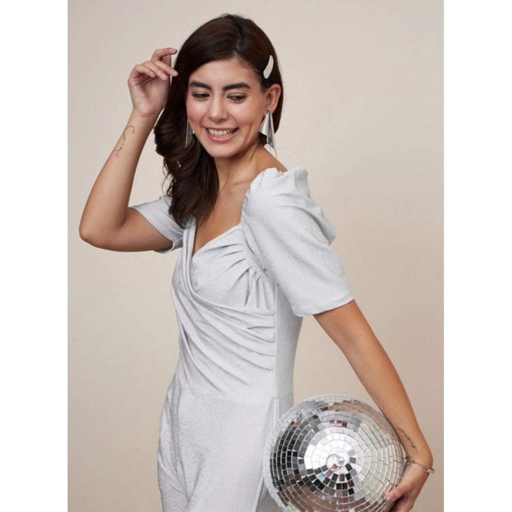 Amfyn Women's Polyester Shimmer Self Design Short Sleeve Jumpsuit (Silver)
