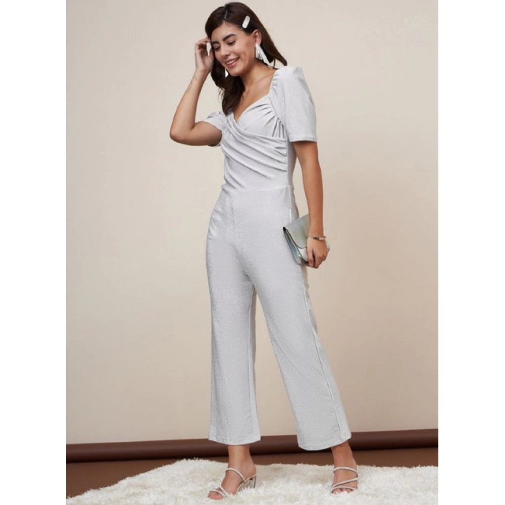Amfyn Women's Polyester Shimmer Self Design Short Sleeve Jumpsuit (Silver)