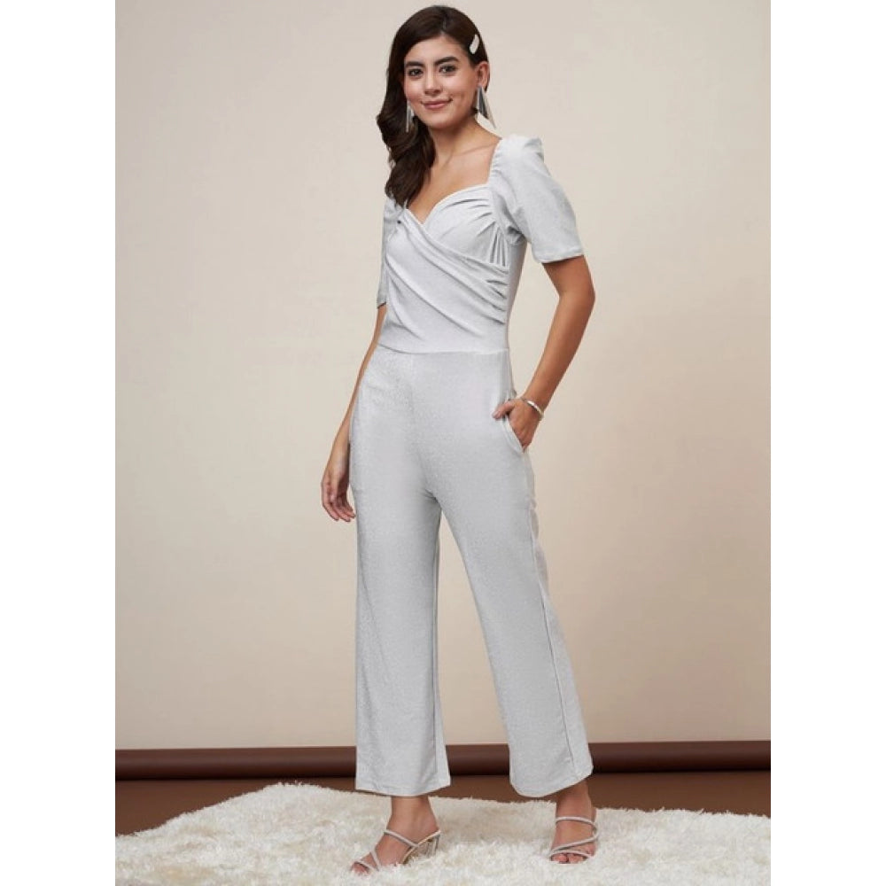 Amfyn Women's Polyester Shimmer Self Design Short Sleeve Jumpsuit (Silver)