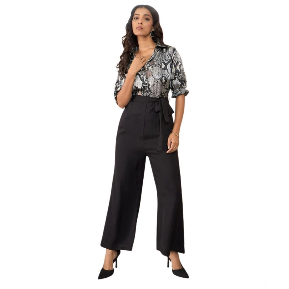 Amfyn Women's Satin And Polyester Floral Half Sleeves Jumpsuit (Grey - Black)