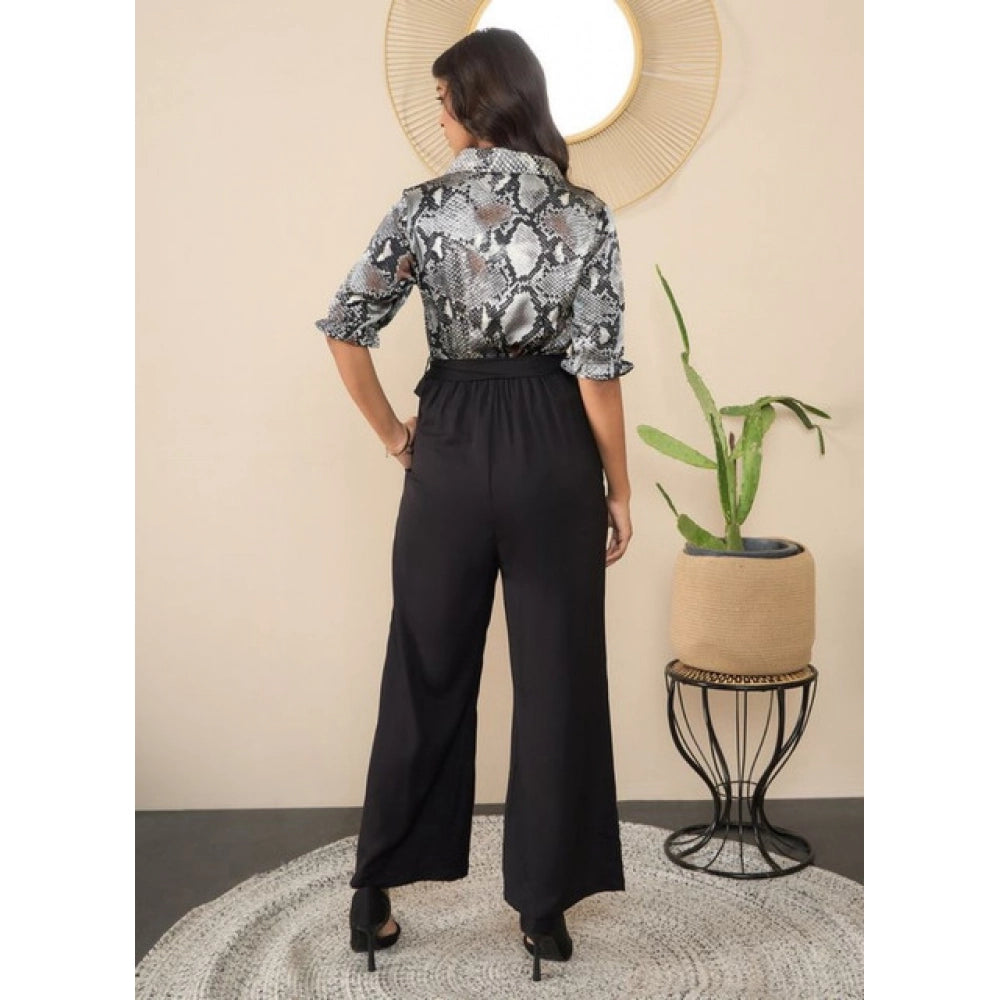 Amfyn Women's Satin And Polyester Floral Half Sleeves Jumpsuit (Grey - Black)