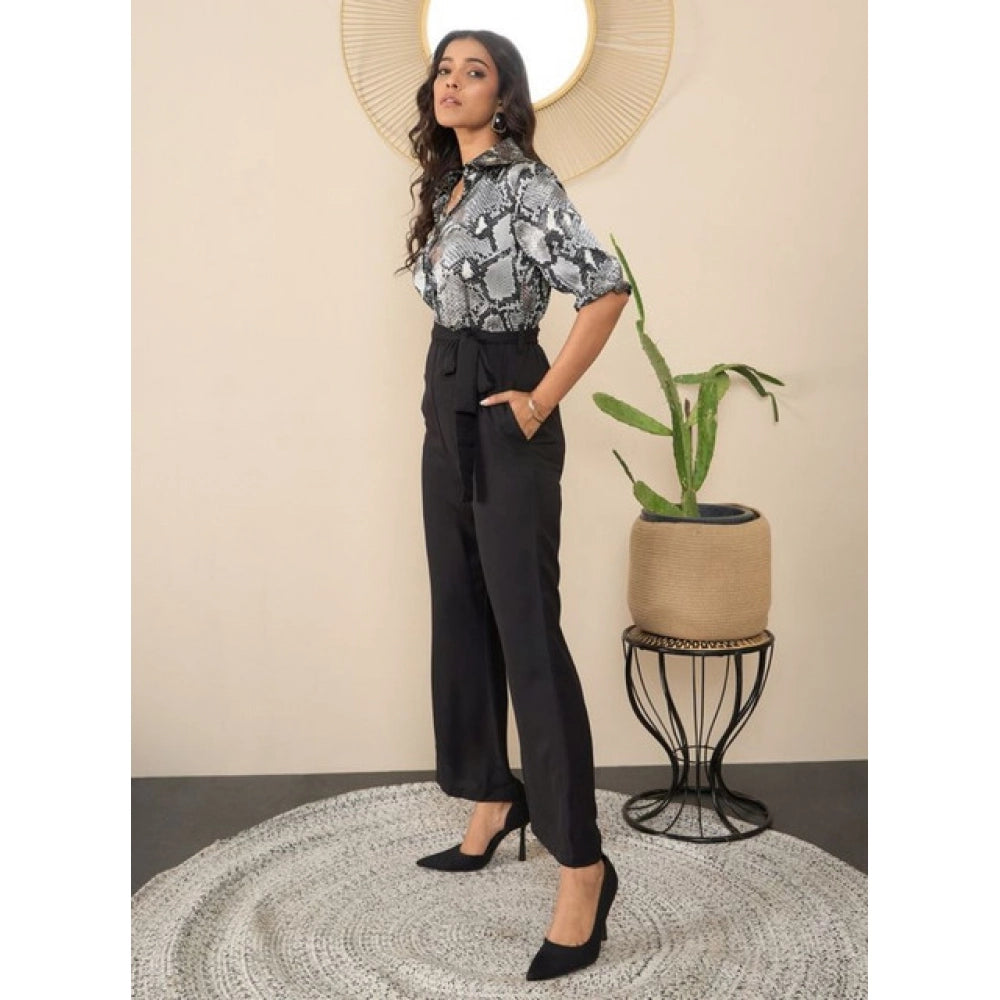 Amfyn Women's Satin And Polyester Floral Half Sleeves Jumpsuit (Grey - Black)