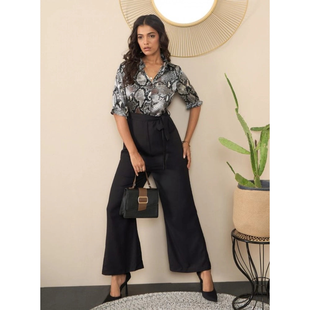 Amfyn Women's Satin And Polyester Floral Half Sleeves Jumpsuit (Grey - Black)
