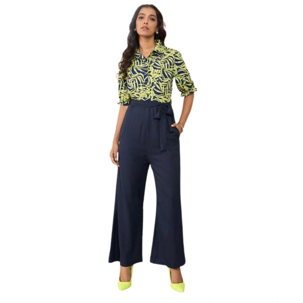 Amfyn Women's Polyester Floral Half Sleeves Jumpsuit (Navy - Yellow)