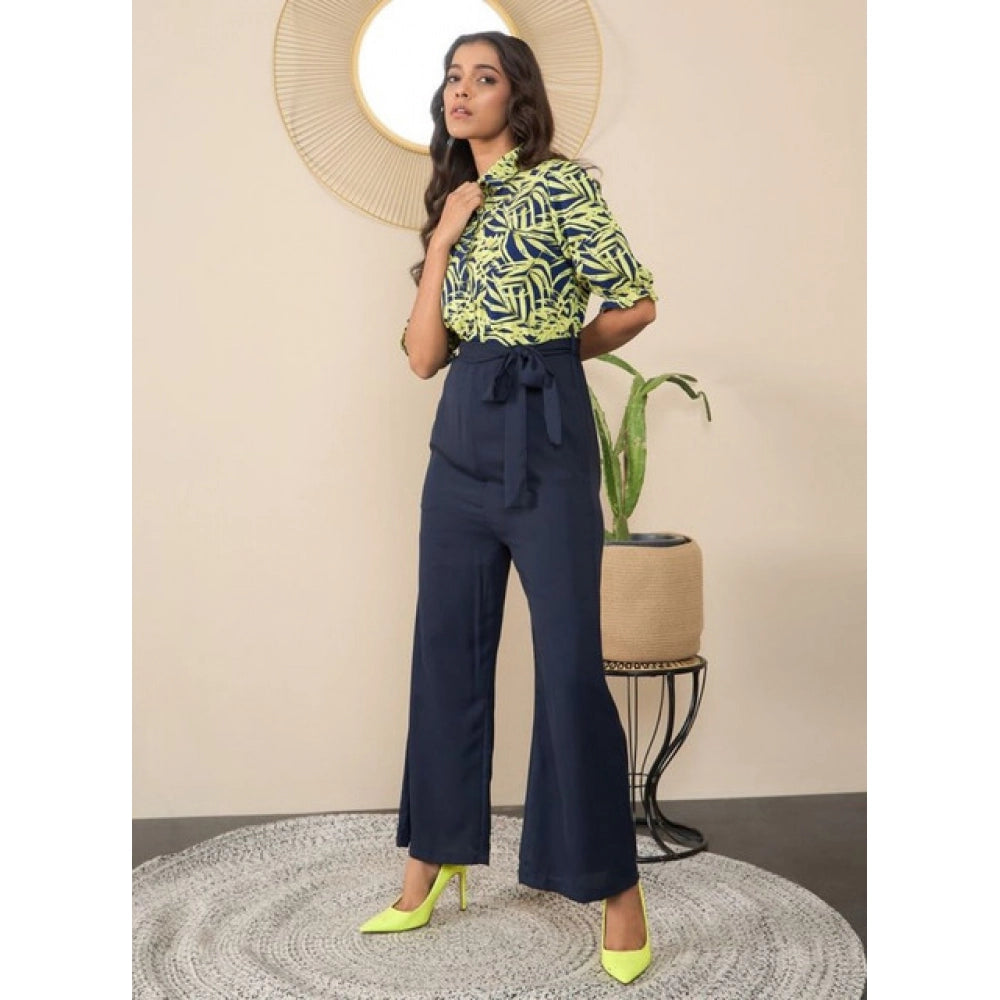 Amfyn Women's Polyester Floral Half Sleeves Jumpsuit (Navy - Yellow)
