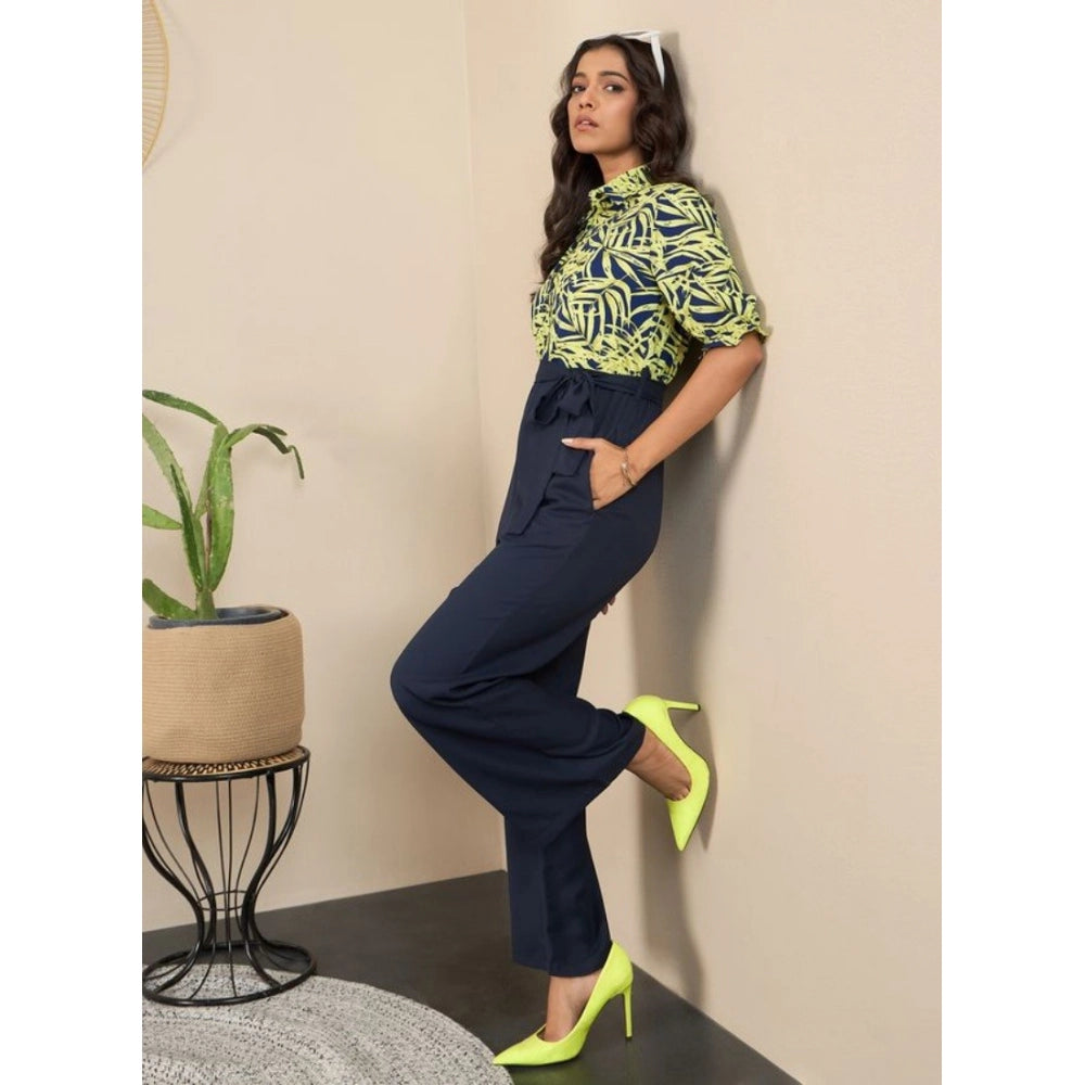Amfyn Women's Polyester Floral Half Sleeves Jumpsuit (Navy - Yellow)