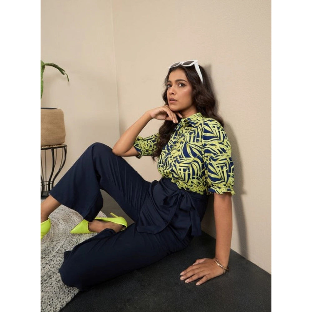 Amfyn Women's Polyester Floral Half Sleeves Jumpsuit (Navy - Yellow)