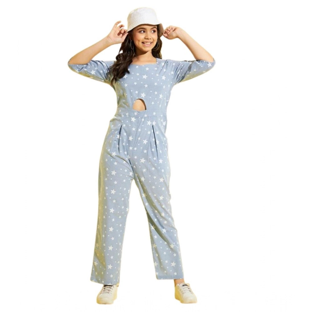 Amfyn Girl's Cotton Printed 3-4th Sleeve Jumpsuit (Blue - White)