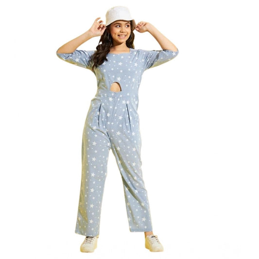 Amfyn Girl's Cotton Printed 3-4th Sleeve Jumpsuit (Blue - White)