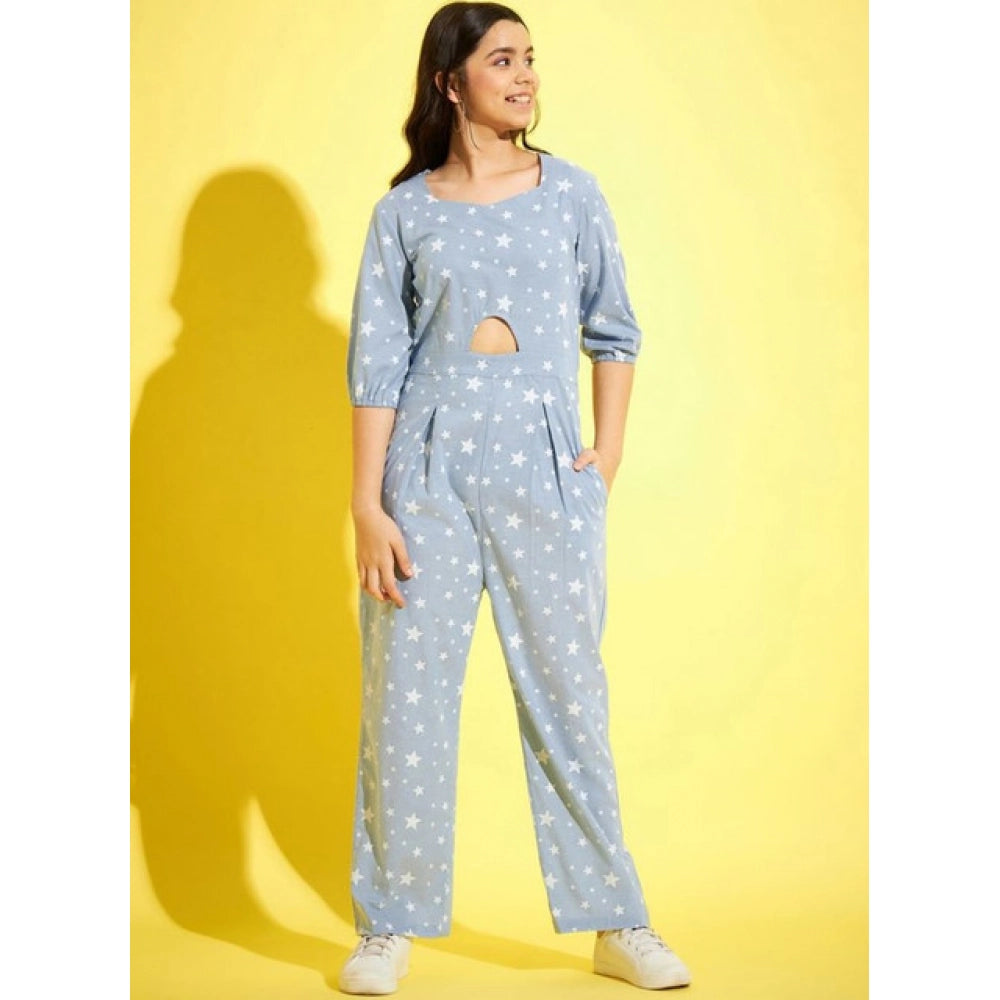 Amfyn Girl's Cotton Printed 3-4th Sleeve Jumpsuit (Blue - White)