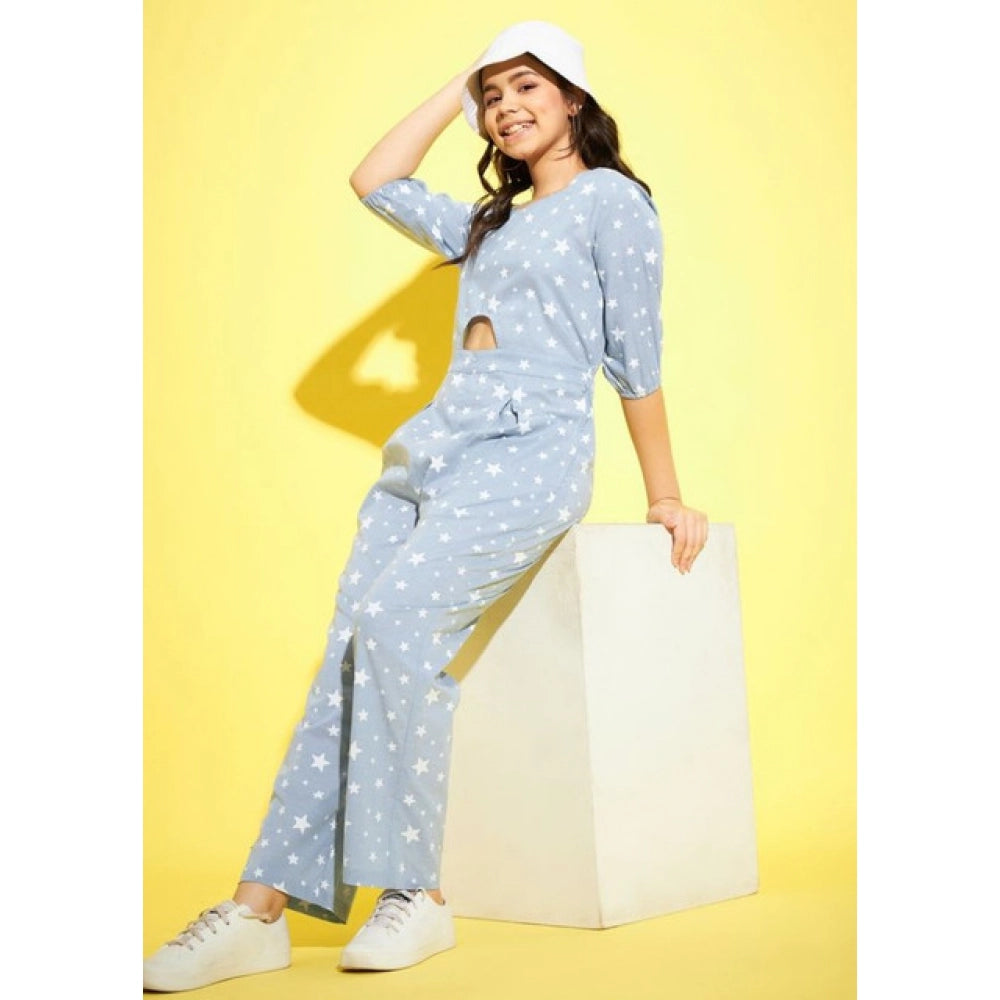Amfyn Girl's Cotton Printed 3-4th Sleeve Jumpsuit (Blue - White)