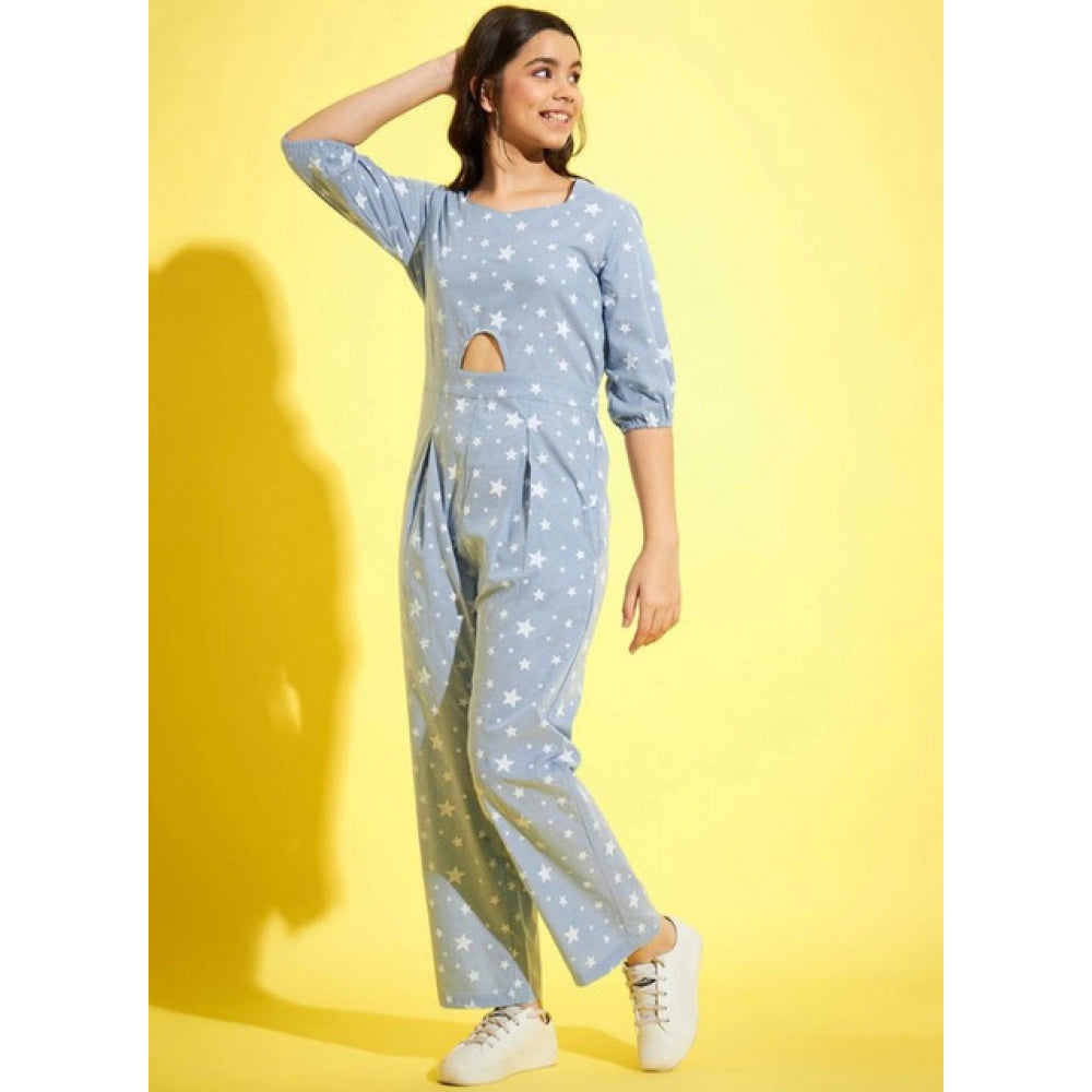 Amfyn Girl's Cotton Printed 3-4th Sleeve Jumpsuit (Blue - White)