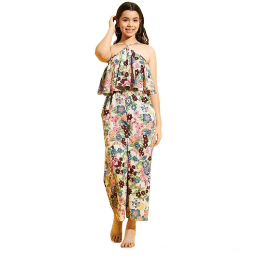 Amfyn Girl's Polyester Crepe Floral Sleeveless Jumpsuit (Multicolor)