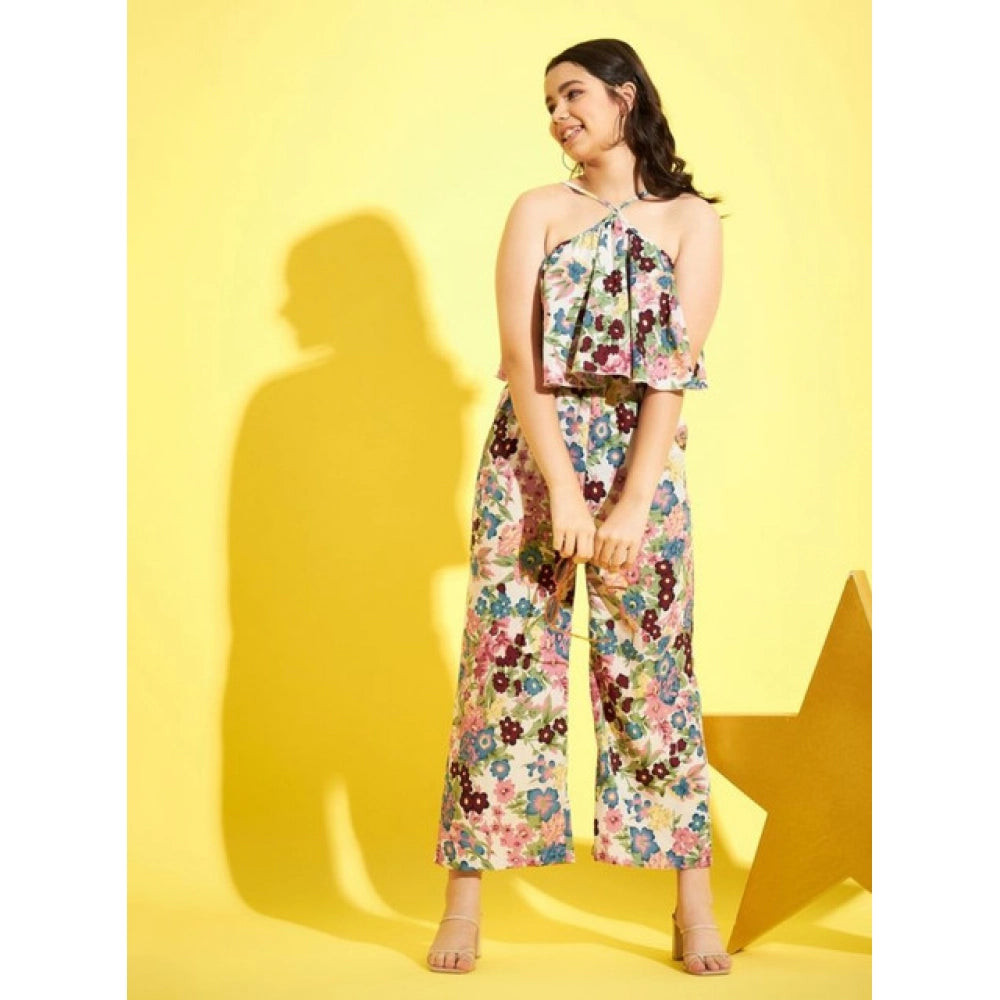 Amfyn Girl's Polyester Crepe Floral Sleeveless Jumpsuit (Multicolor)
