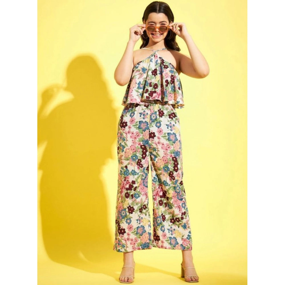 Amfyn Girl's Polyester Crepe Floral Sleeveless Jumpsuit (Multicolor)