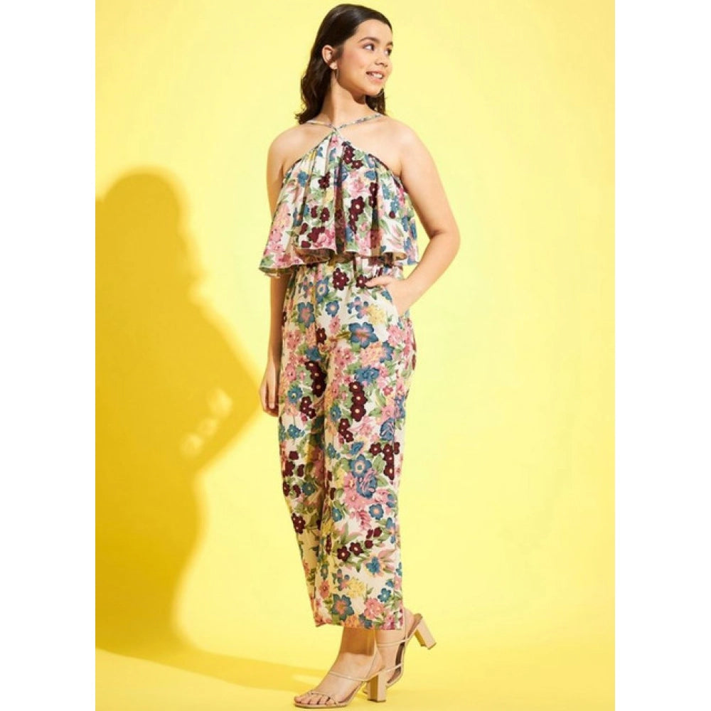 Amfyn Girl's Polyester Crepe Floral Sleeveless Jumpsuit (Multicolor)