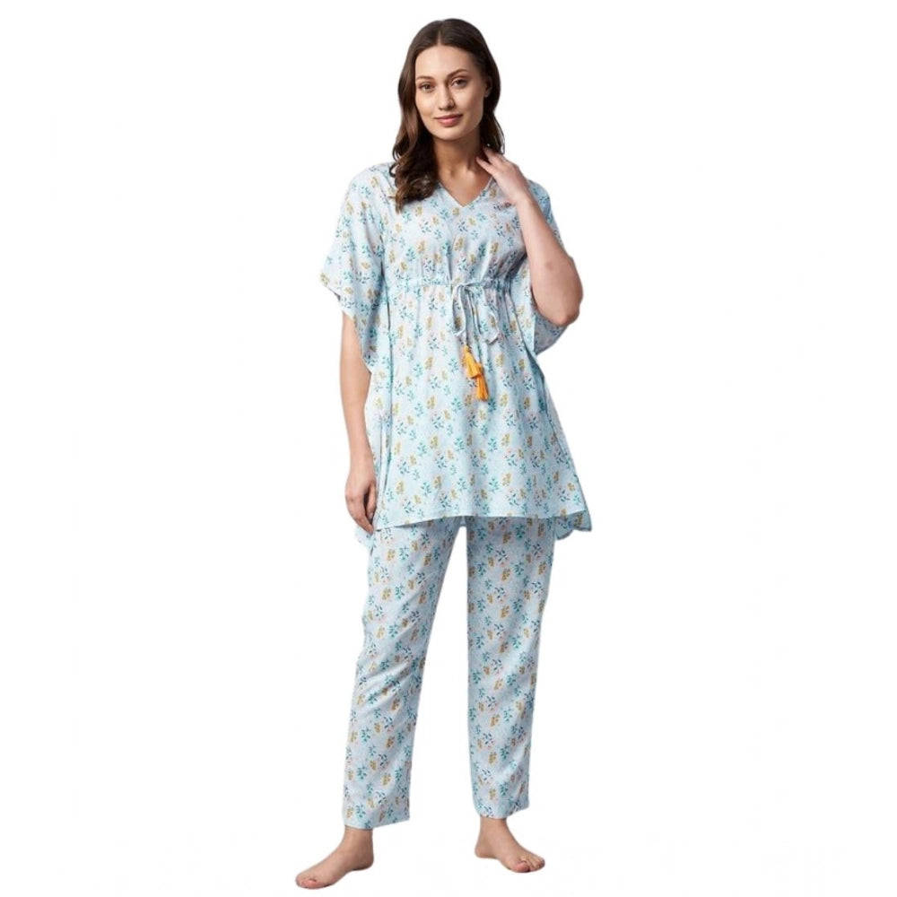 Amfyn Women's Rayon Floral Kaftan Sleeve Kaftan Sets (Light Blue)