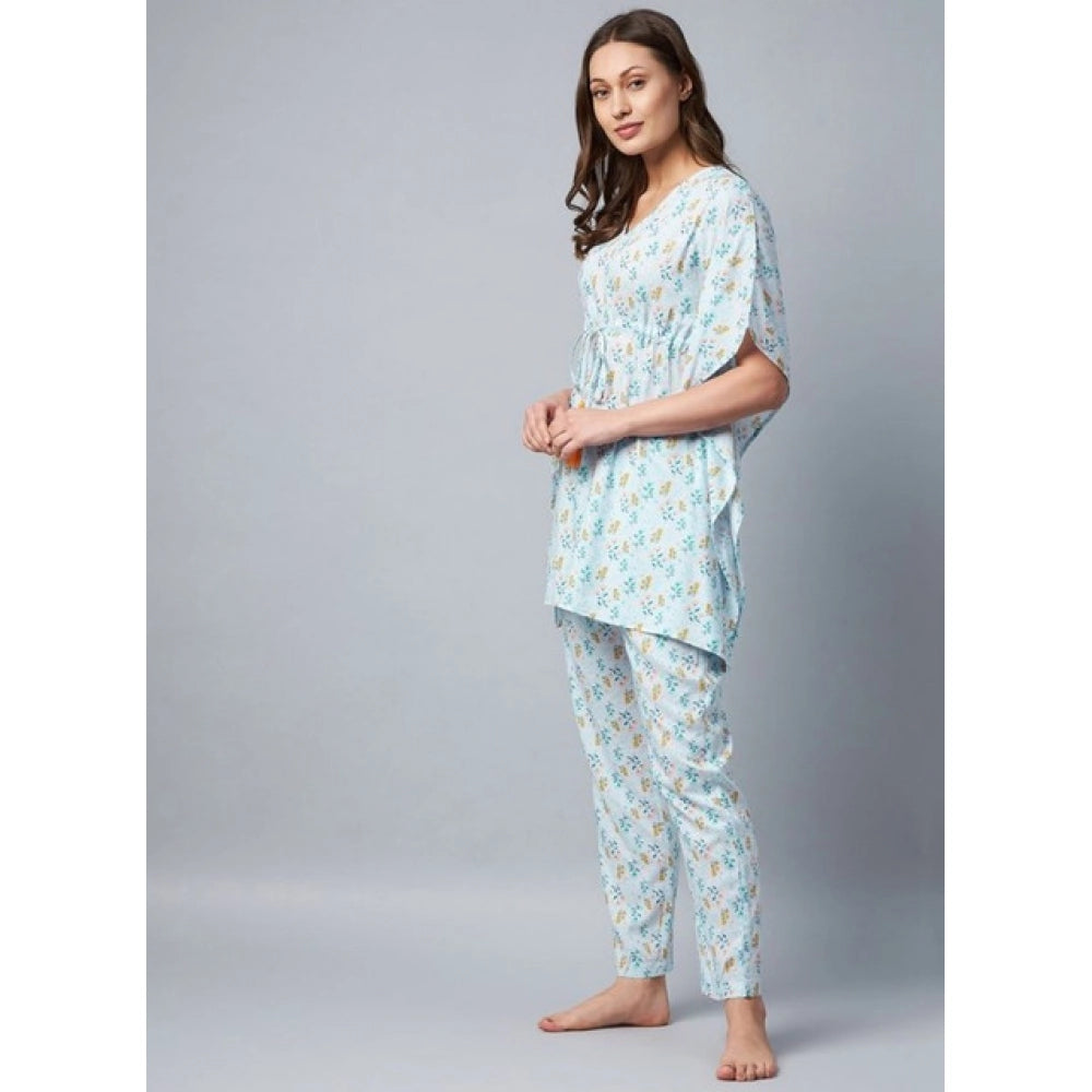Amfyn Women's Rayon Floral Kaftan Sleeve Kaftan Sets (Light Blue)