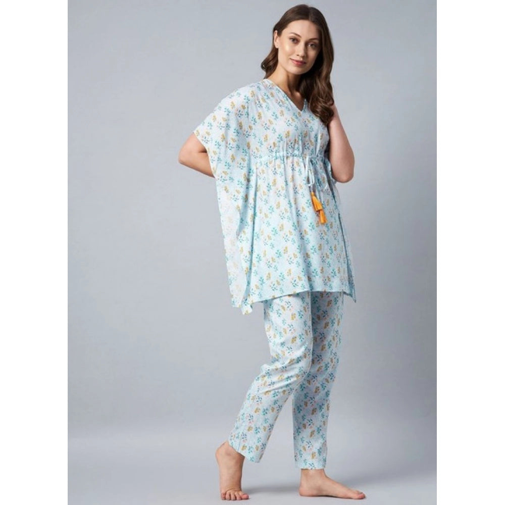 Amfyn Women's Rayon Floral Kaftan Sleeve Kaftan Sets (Light Blue)