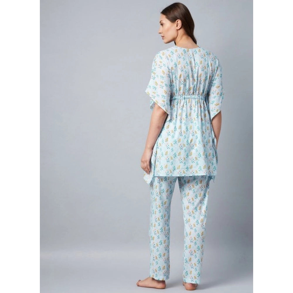 Amfyn Women's Rayon Floral Kaftan Sleeve Kaftan Sets (Light Blue)