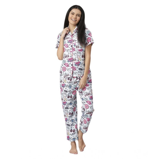 Amfyn Women's Cotton Blend Printed Short Sleeve Night Suit (Multicolor)