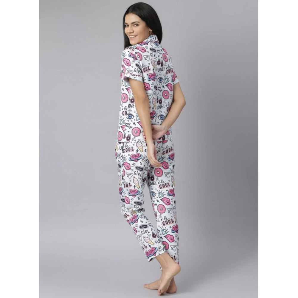 Amfyn Women's Cotton Blend Printed Short Sleeve Night Suit (Multicolor)