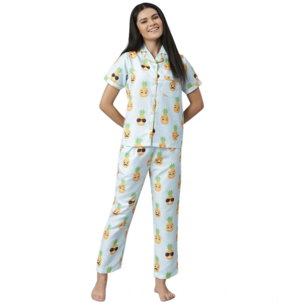 Amfyn Women's Cotton Blend Printed Short Sleeve Night Suit (Blue-Yellow)
