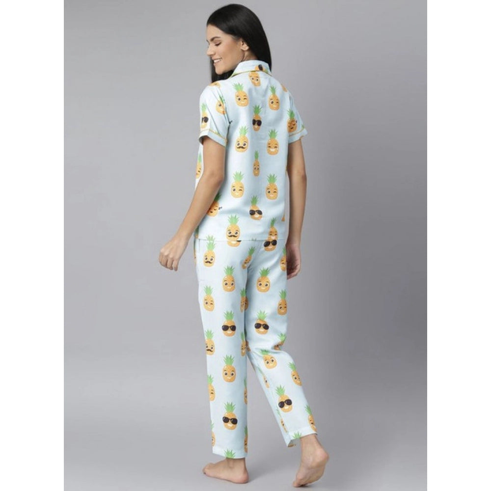 Amfyn Women's Cotton Blend Printed Short Sleeve Night Suit (Blue-Yellow)