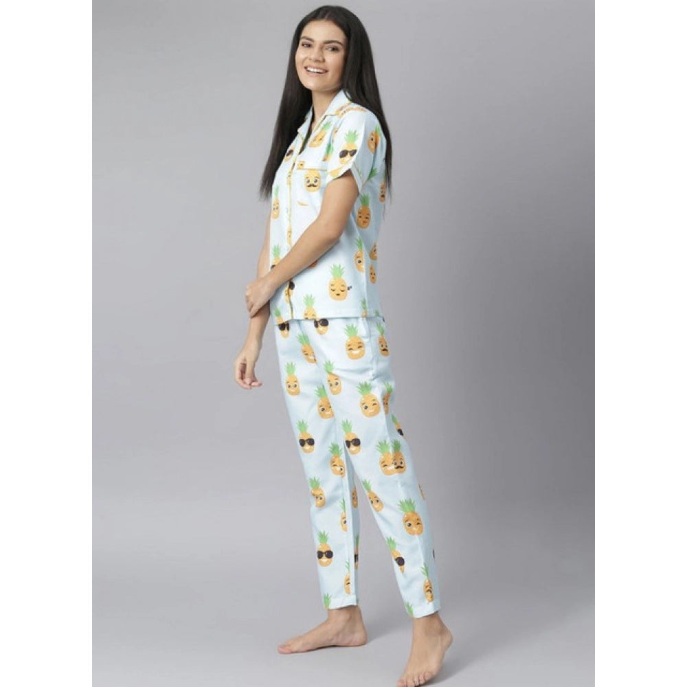 Amfyn Women's Cotton Blend Printed Short Sleeve Night Suit (Blue-Yellow)
