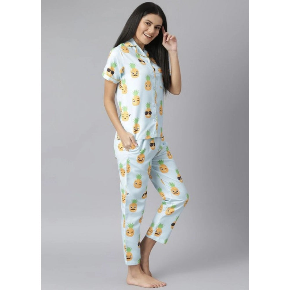 Amfyn Women's Cotton Blend Printed Short Sleeve Night Suit (Blue-Yellow)