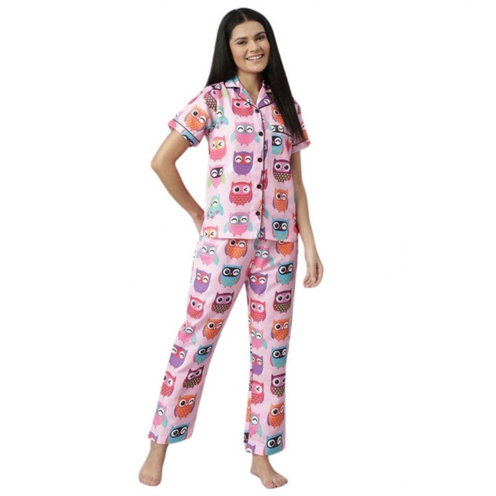 Amfyn Women's Cotton Blend Printed Short Sleeve Night Suit (Pink)